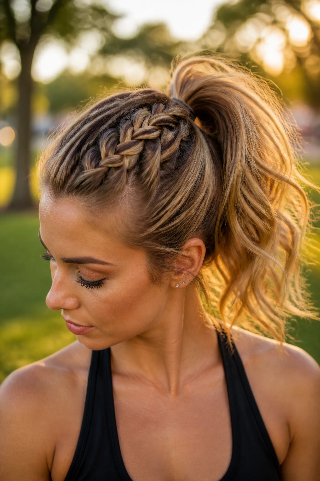 Real person with inverted crown braid leading into a high ponytail in an outdoor setting.