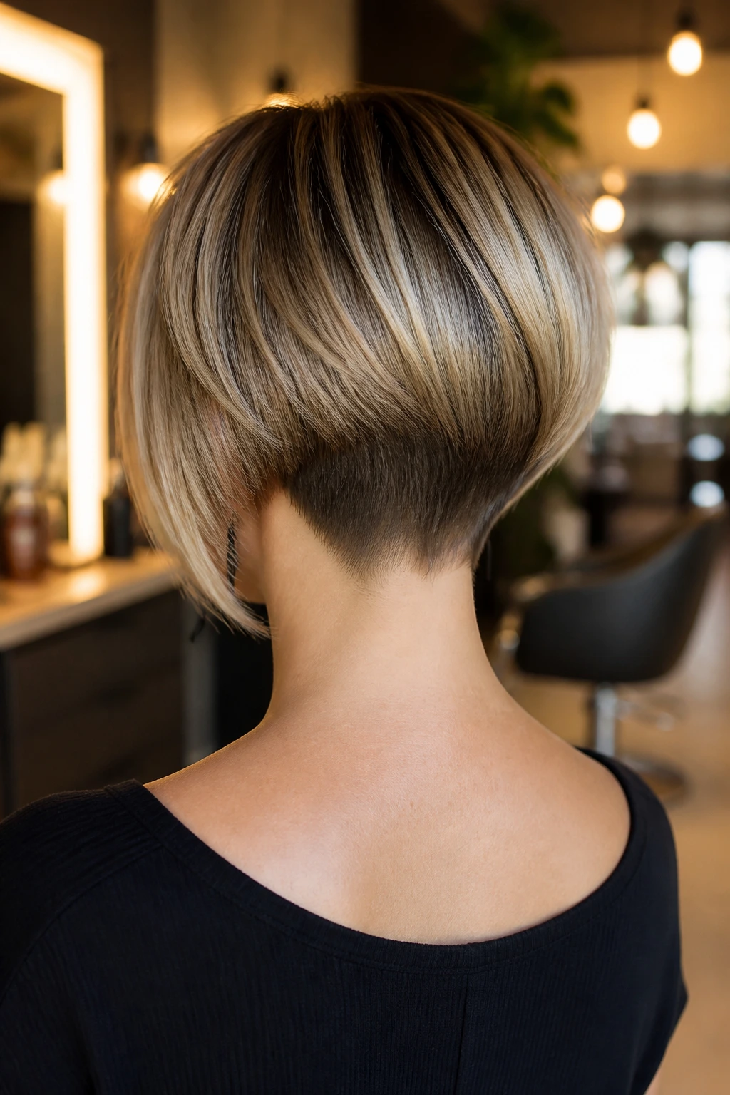Back view of real woman with inverted stacked bob showing dramatic nape stack