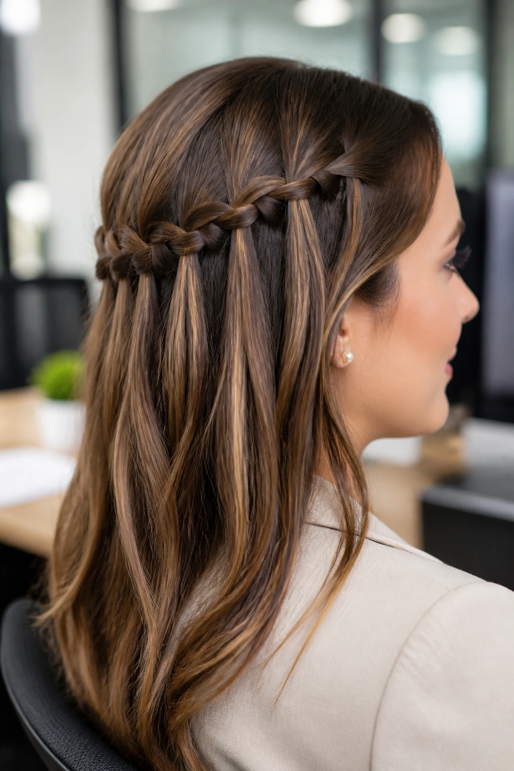 Profile view of a real woman with inverted waterfall braid across the back of her head in an office.