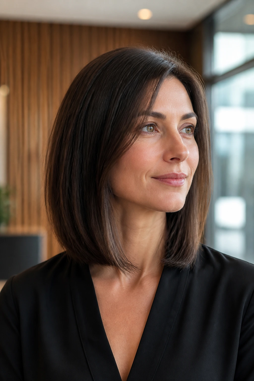 Close-up portrait of a real woman with long invisible layers in modern office lobby light