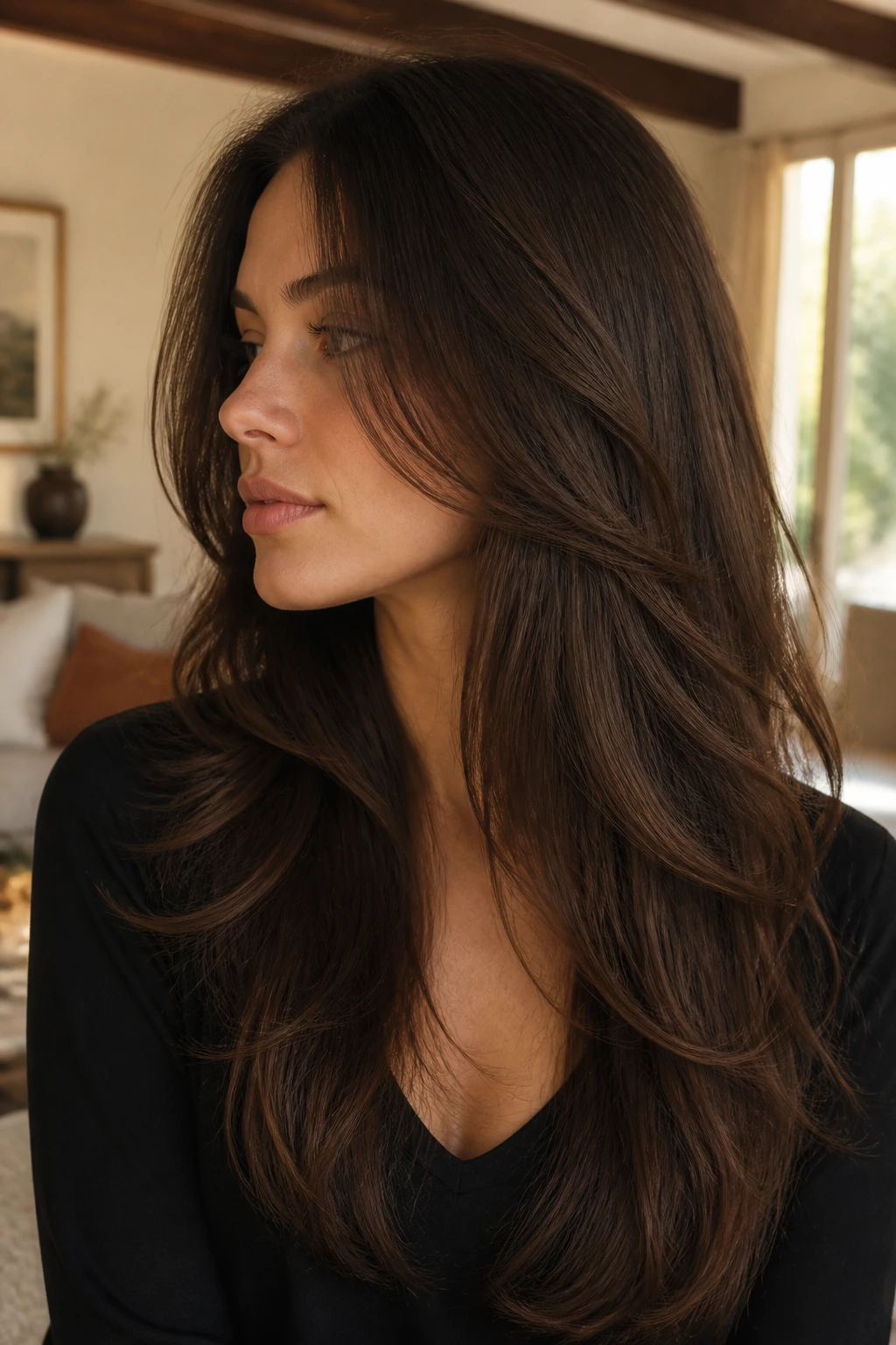 Close-up portrait of a real woman with invisible layers under long hair