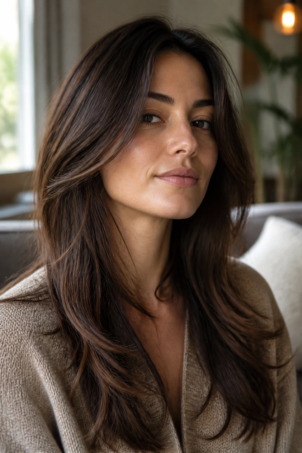 Close-up of a real woman with long sweeping layers in a V-cut under soft daylight