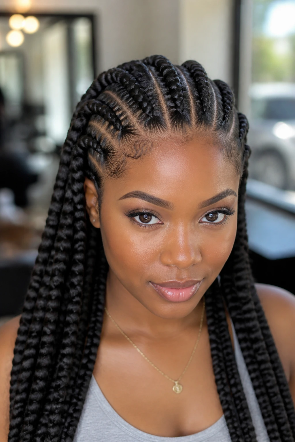 Close-up of invisible-part braids on a real person.