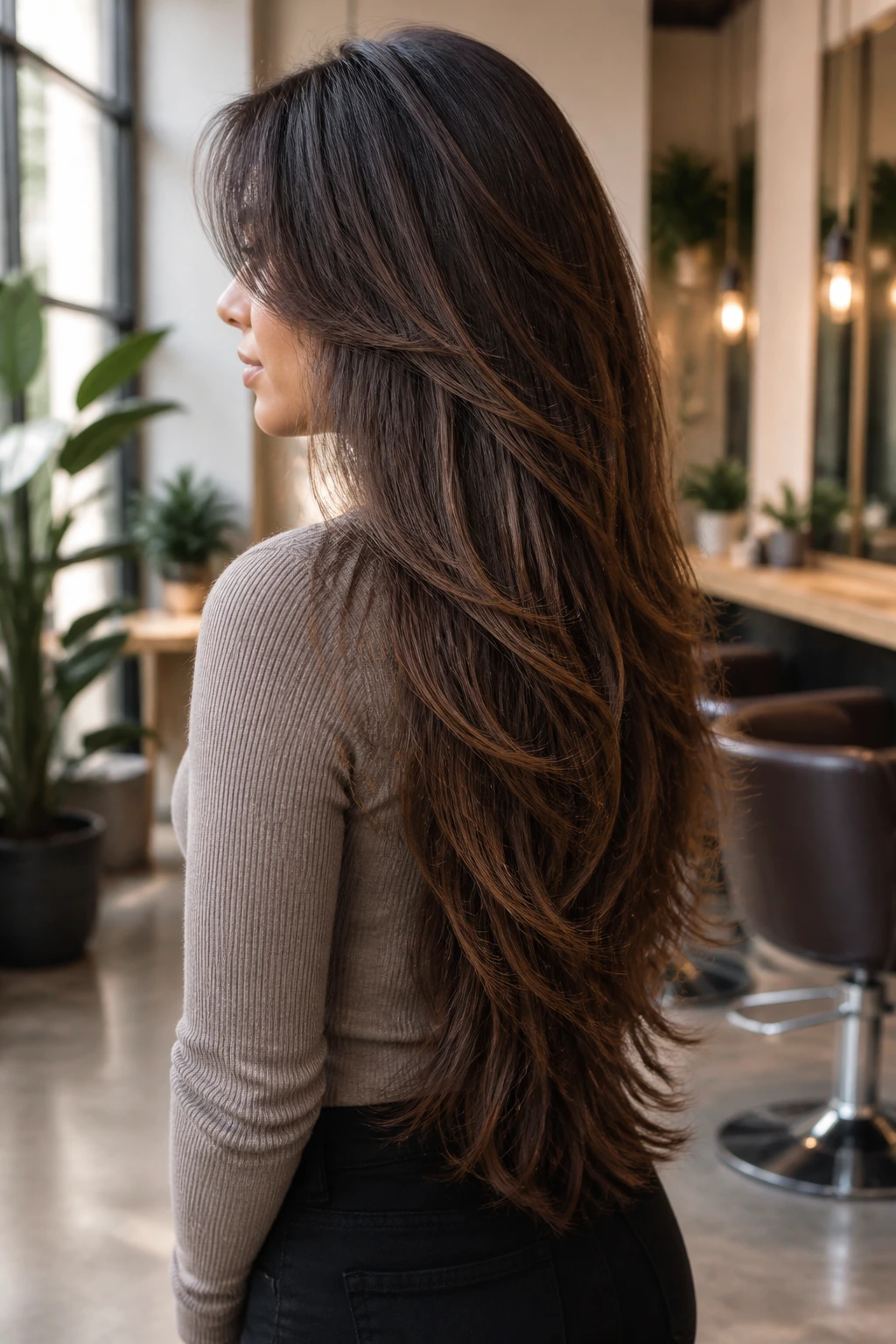 Long hair with invisible micro-layers visible from the side/back view.