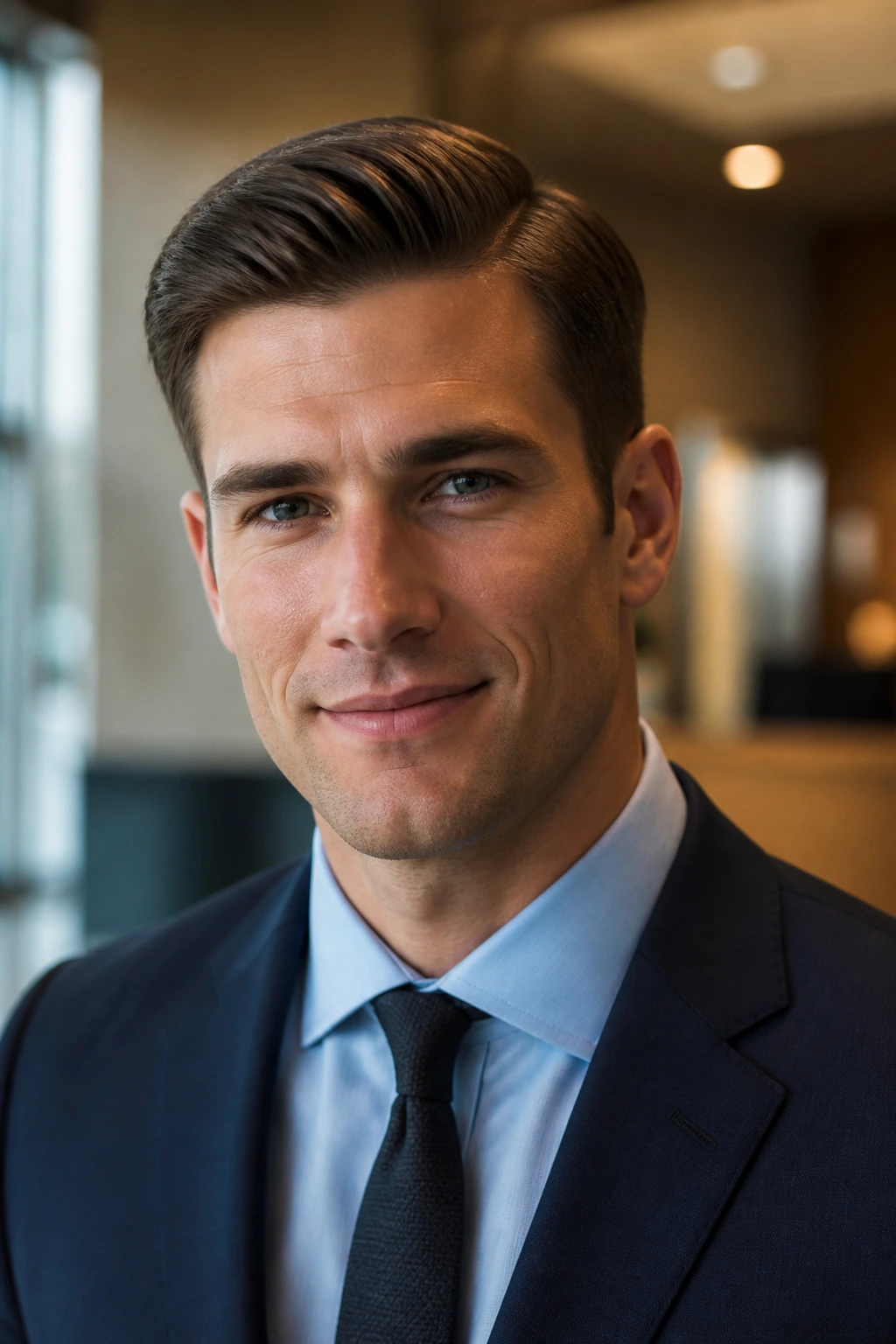 Close-up portrait of a man with an Ivy League haircut in an office setting.