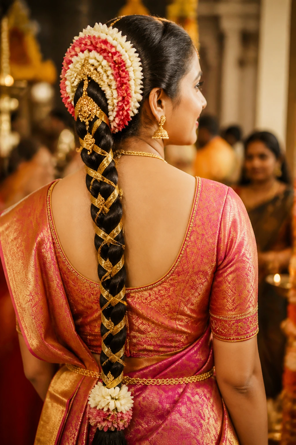Real woman with a traditional Jada braid adorned with ribbons and flowers.