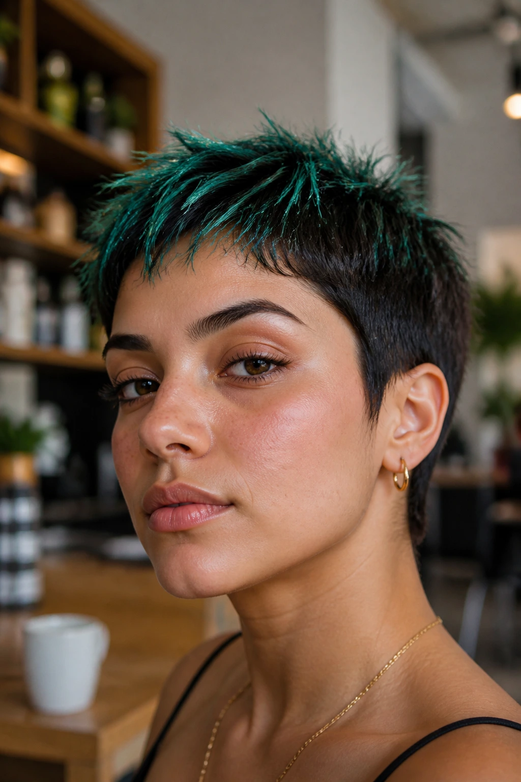 Close-up of a real person with jade-green glitter accents on pixie-cut tips