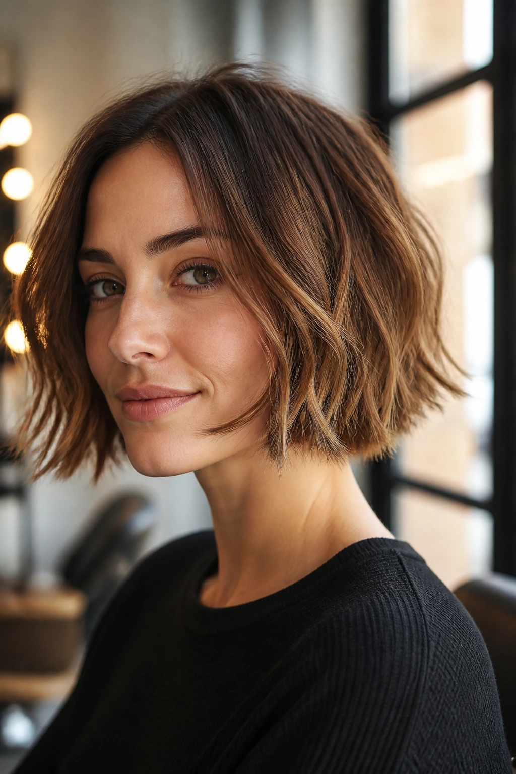 Close-up portrait of a woman with a jaw-length textured bob and jagged ends