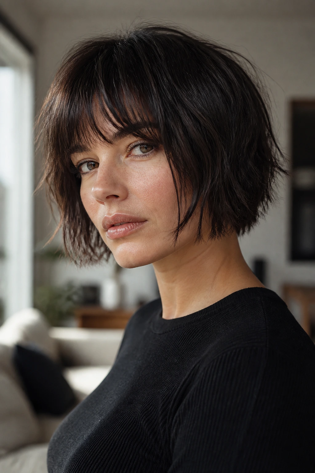 Portrait of a real woman with a jagged jaw-length bob and shattered ends