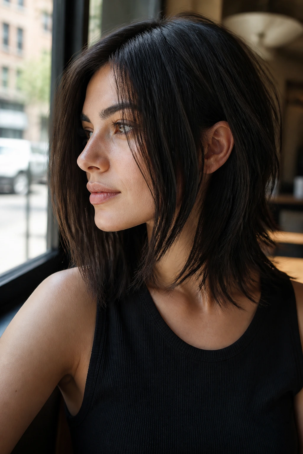 Close-up of a real person with a jawline-framing choppy long bob
