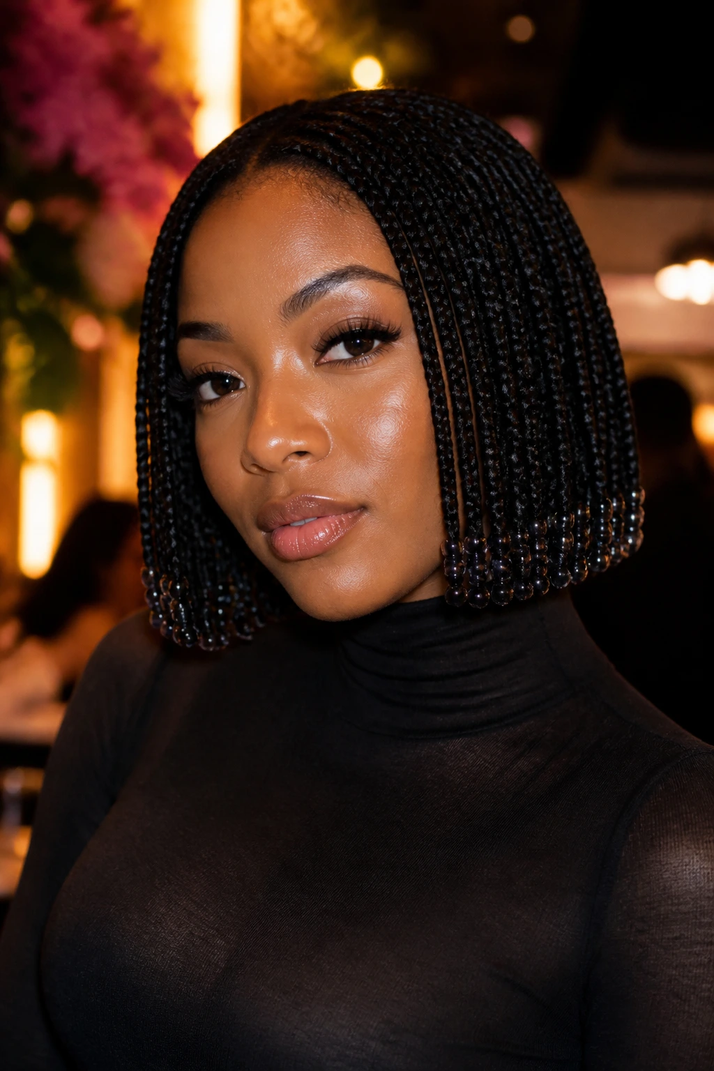 Close-up of a real woman with a chin-length jet black braided bob with beaded ends in a warm evening lounge.