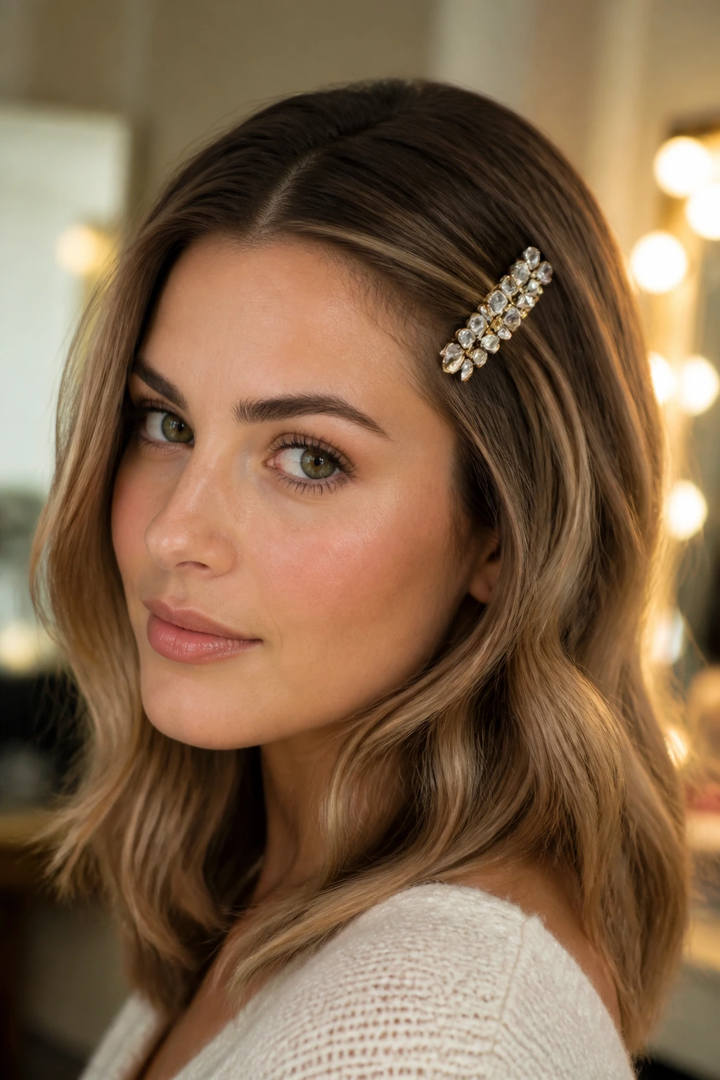 Close-up portrait of a real person with a jeweled barrette accent on one side