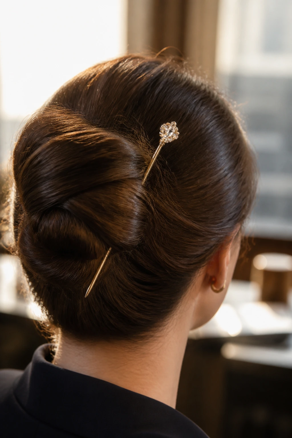 Close-up of a jeweled hair stick securing a bun in an office setting