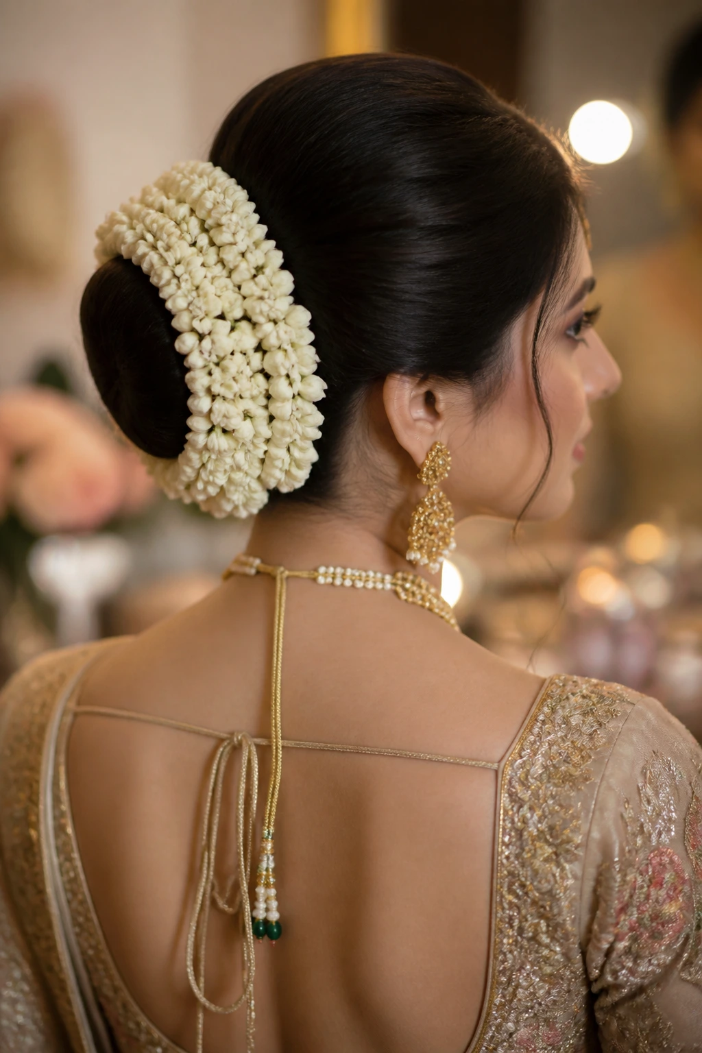 Rear three-quarter view of a real woman with juda bun wrapped in jasmine gajra