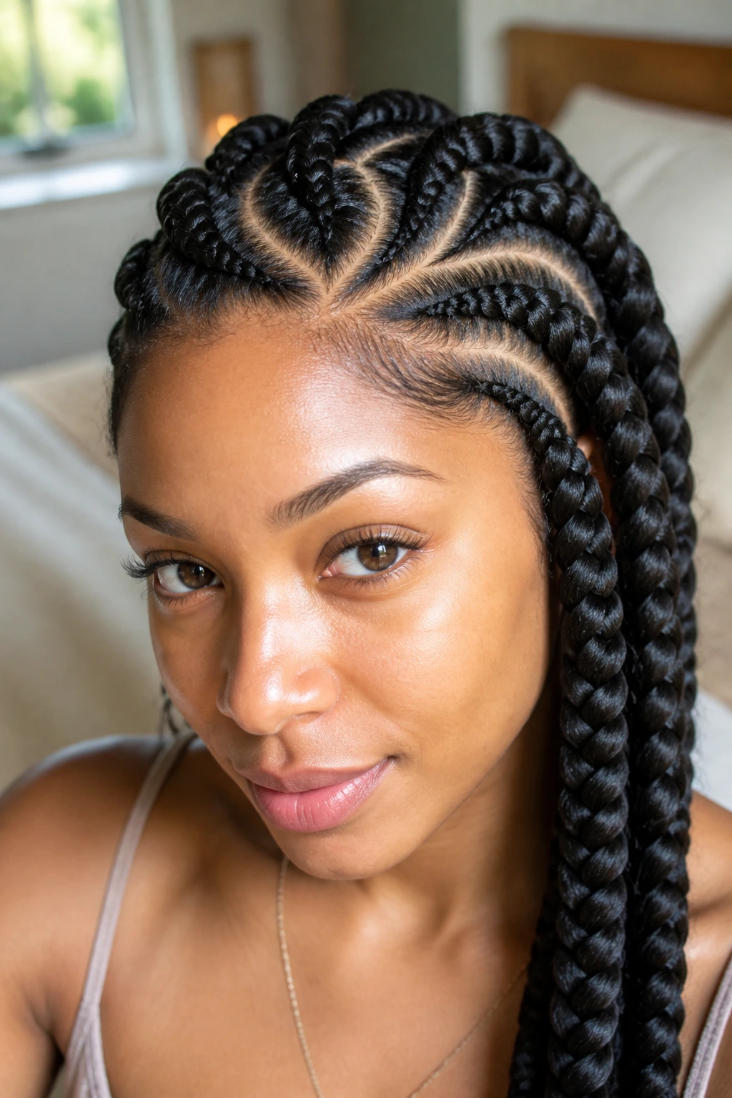 Close-up of jumbo feed-in braids with curved parts on a real woman's head.