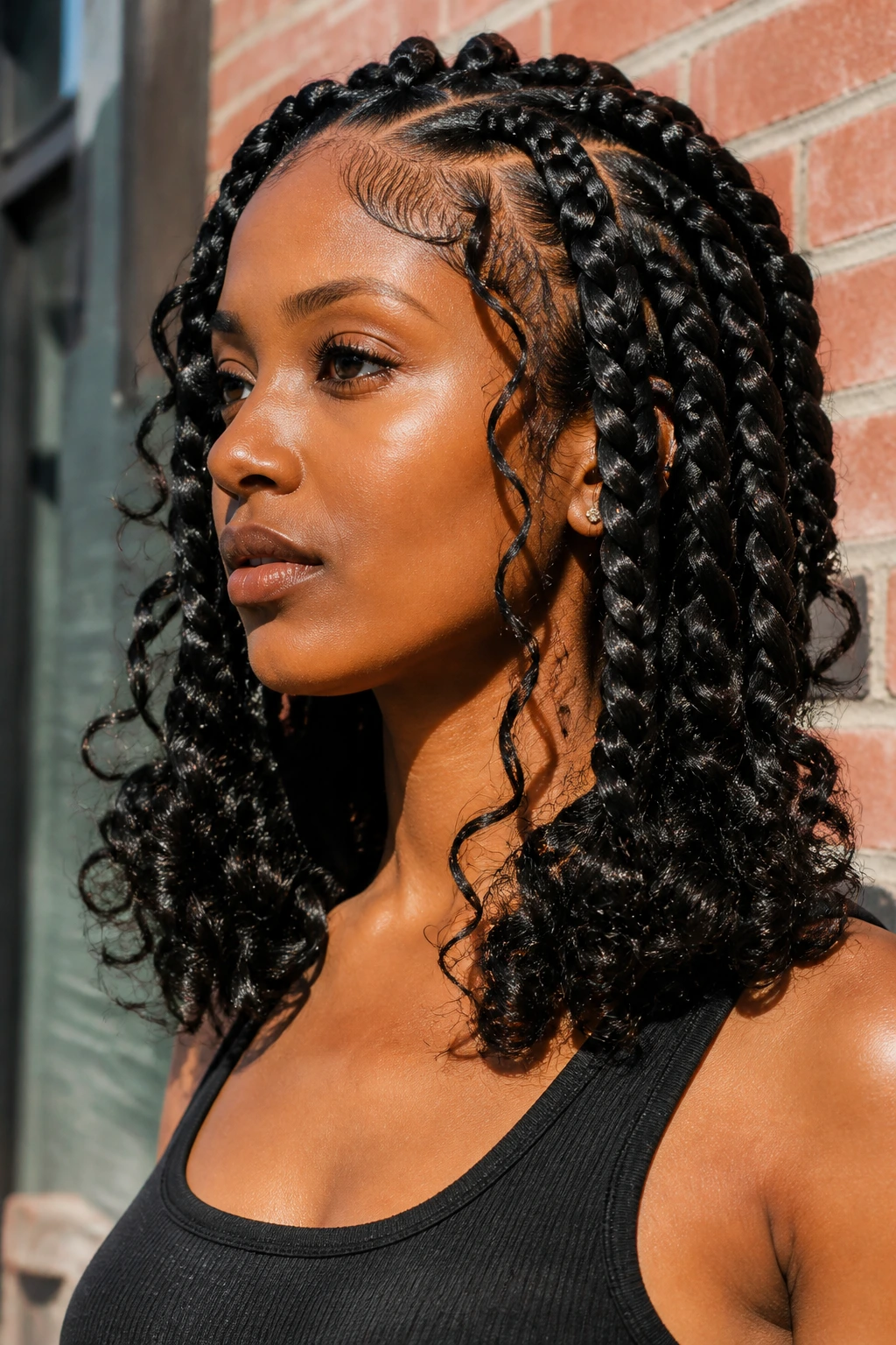 Close-up of jumbo braids with messy curly tips on a real person.
