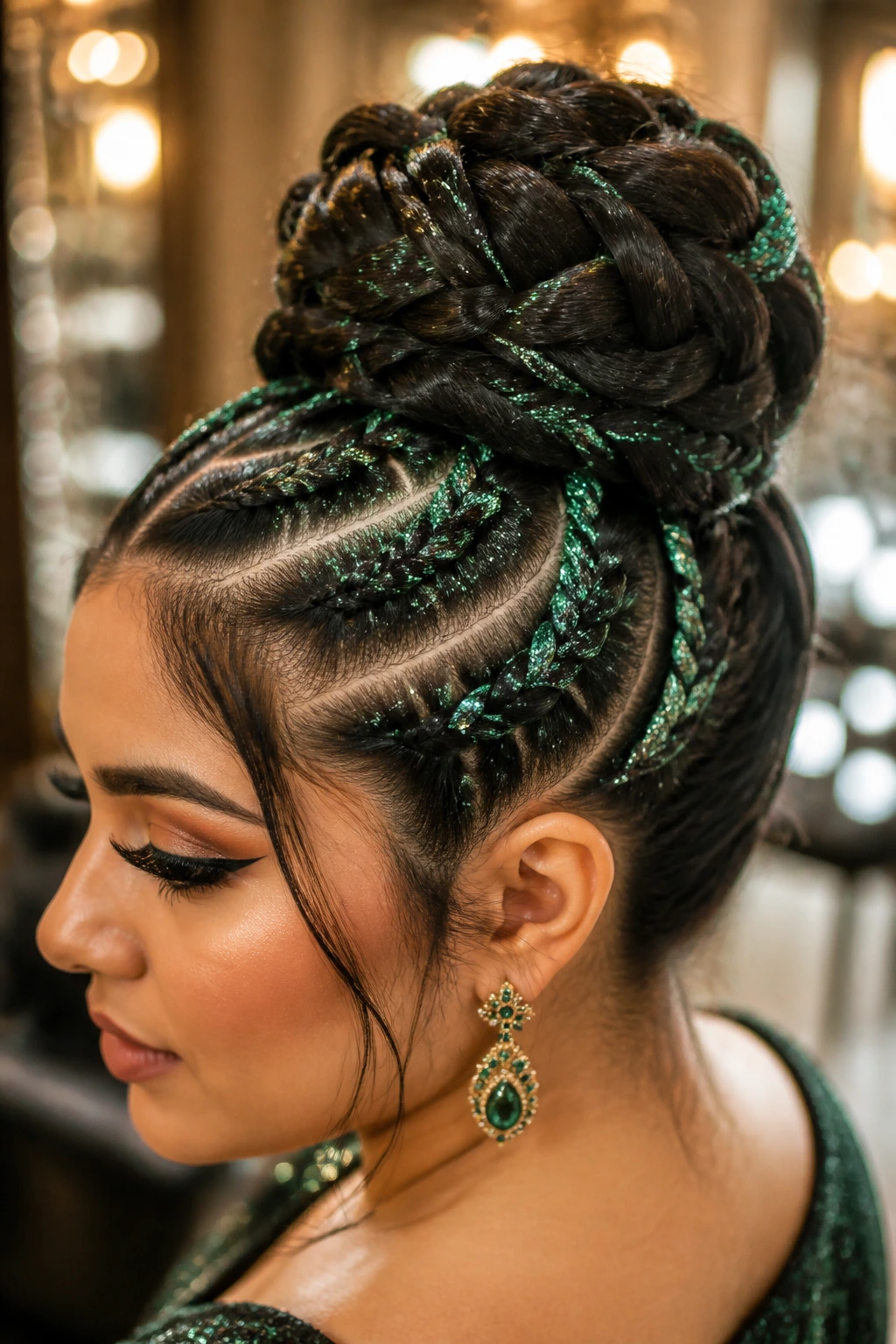 Close-up of a real person with kelp-green braided updo and glitter along braid edges