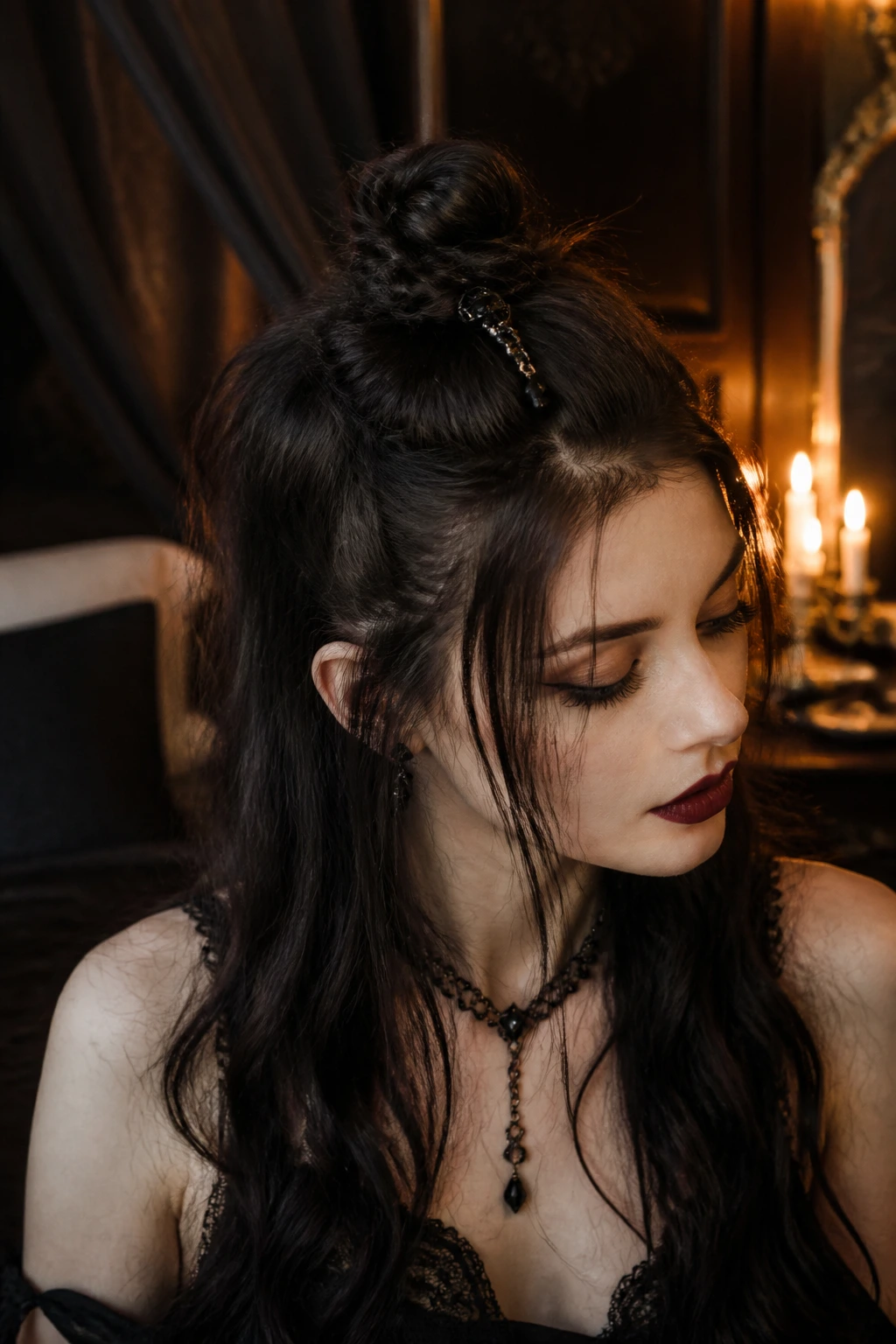 Portrait of a real woman with a tiny top knot secured by a dark charm and loose waves