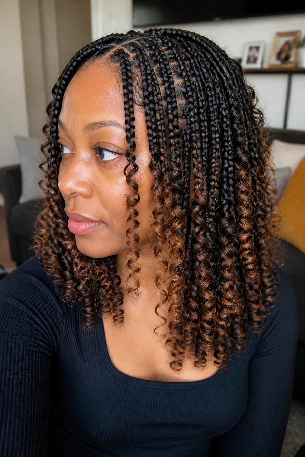 Knotless braids with tight corkscrew ends on a real woman, corkscrew curls visible