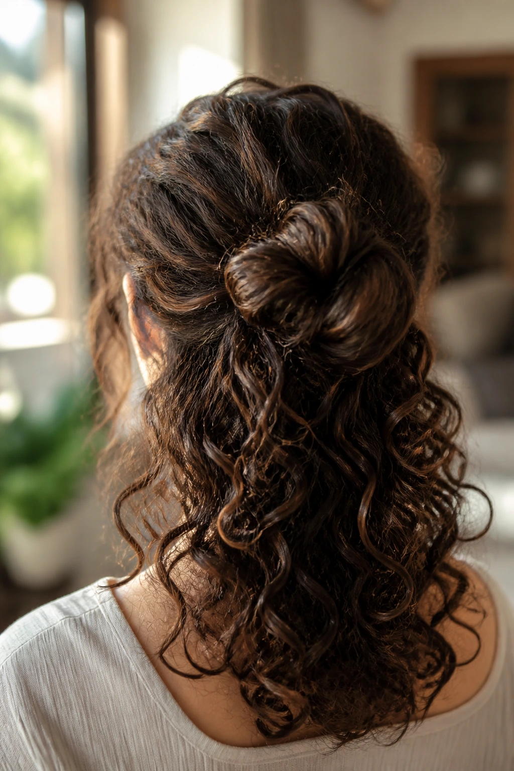 Back view of a real woman with a knotted half-up hairstyle in curly hair