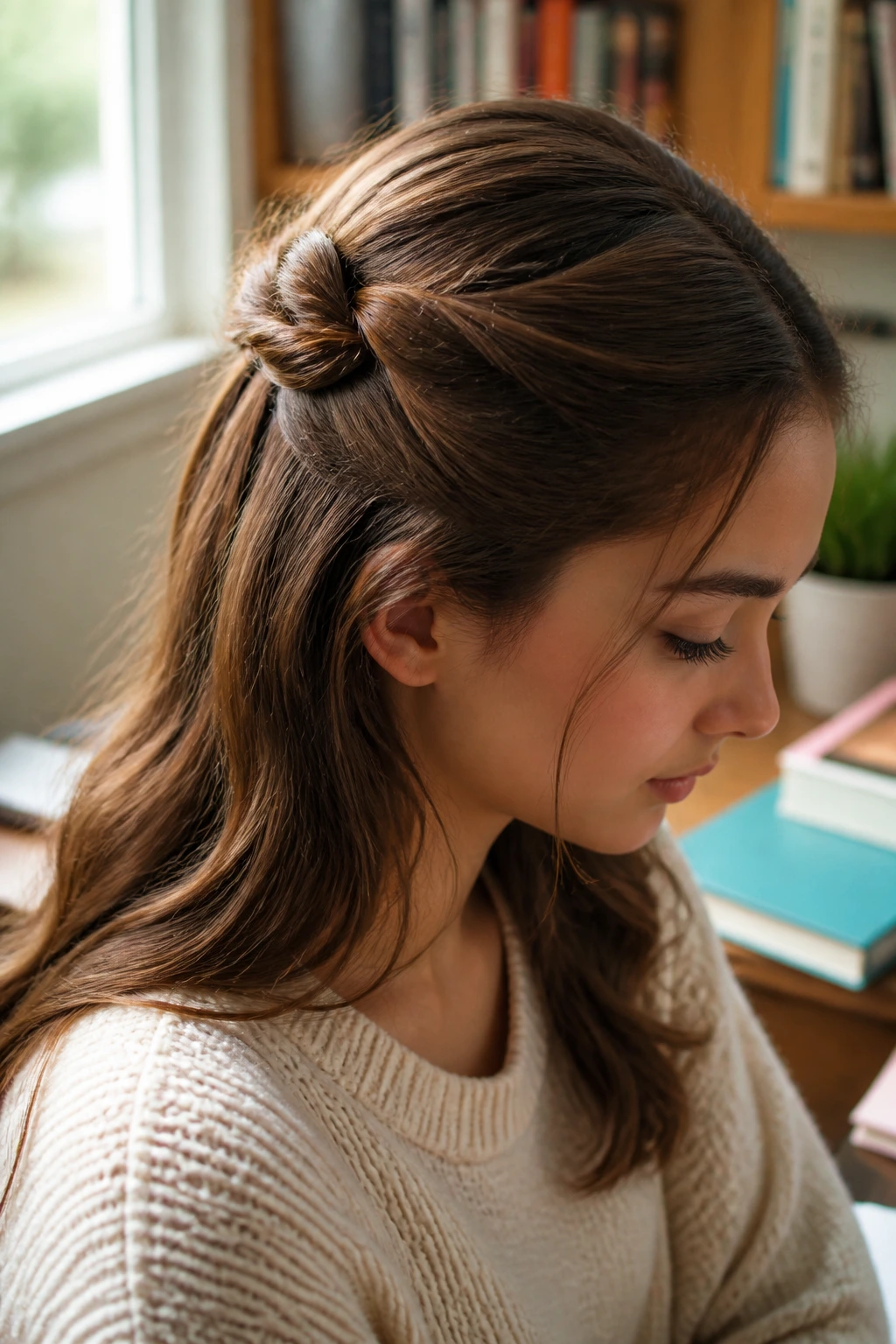 Close-up of a real student with a knotted half-up hairstyle in window-lit study area