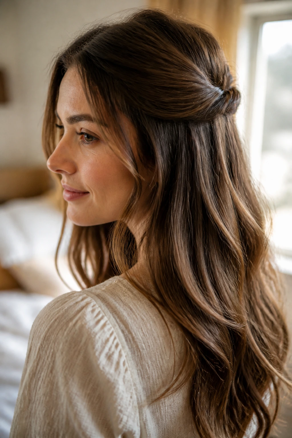 Close-up portrait showcasing the knotted half-up hairstyle on a real person in soft morning light