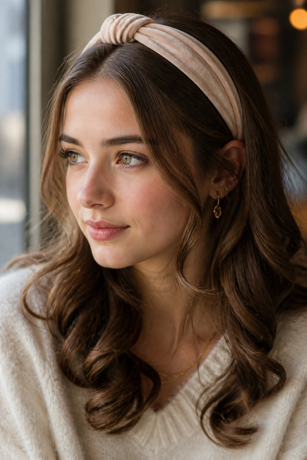 Close-up of a real person wearing a velvet headband with loose curls