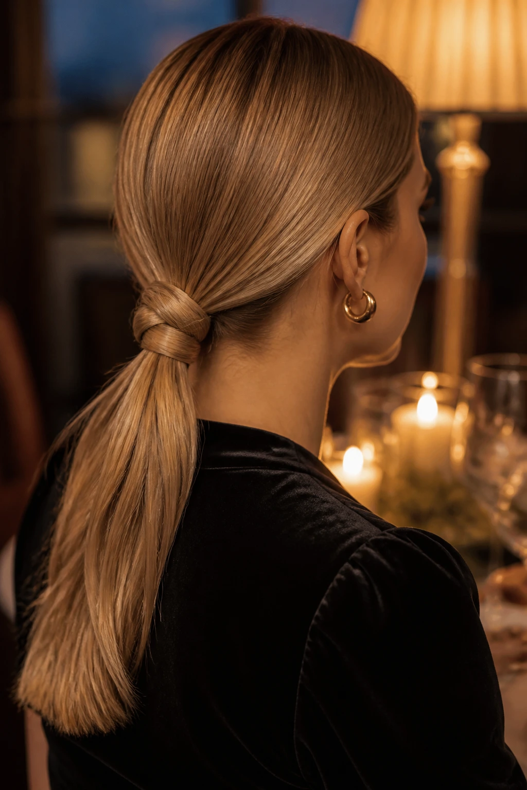 Close-up of a real woman with a knotted low pony hairstyle in a warm dining setting