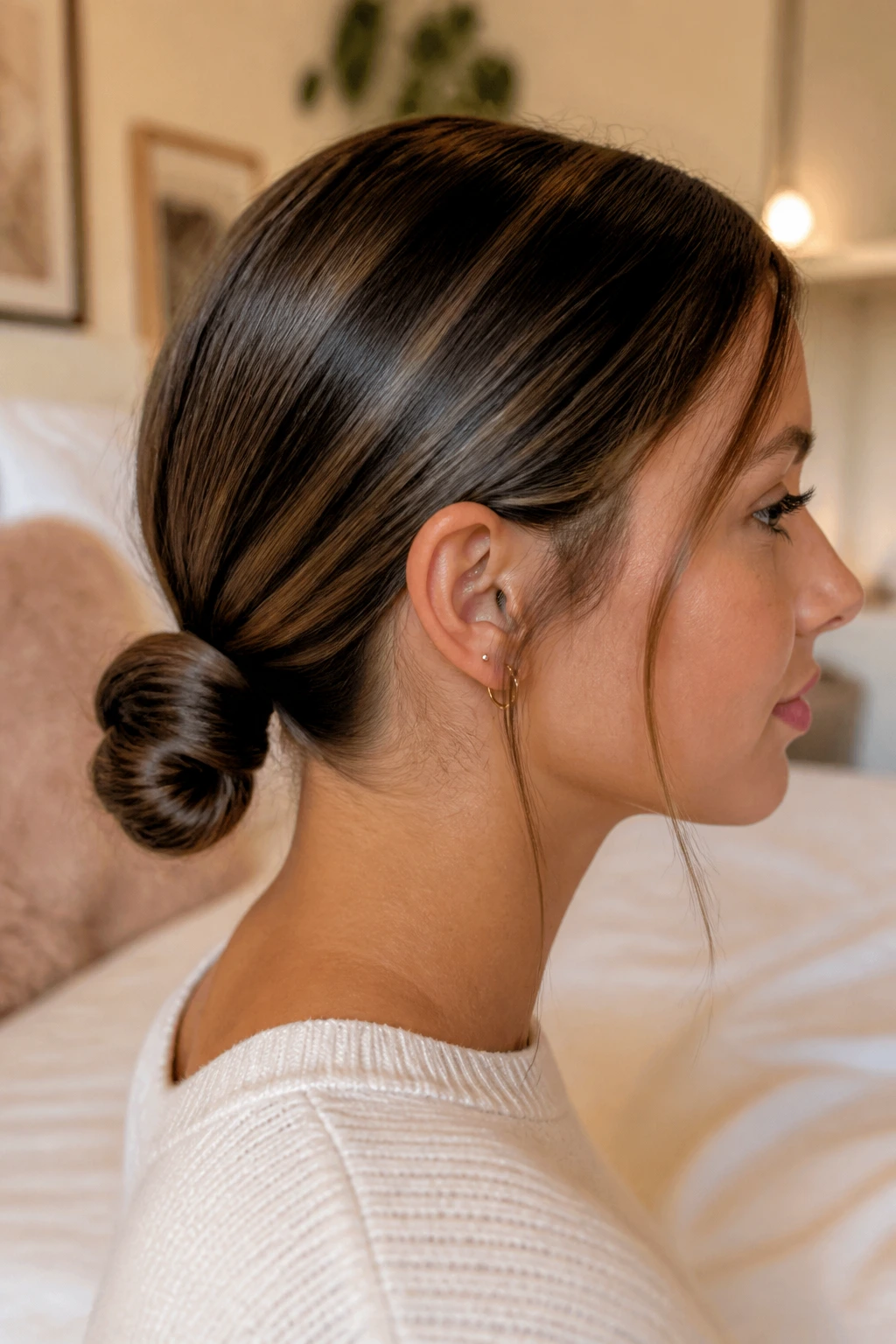 Close-up portrait of a real student showing a knotted low pony.