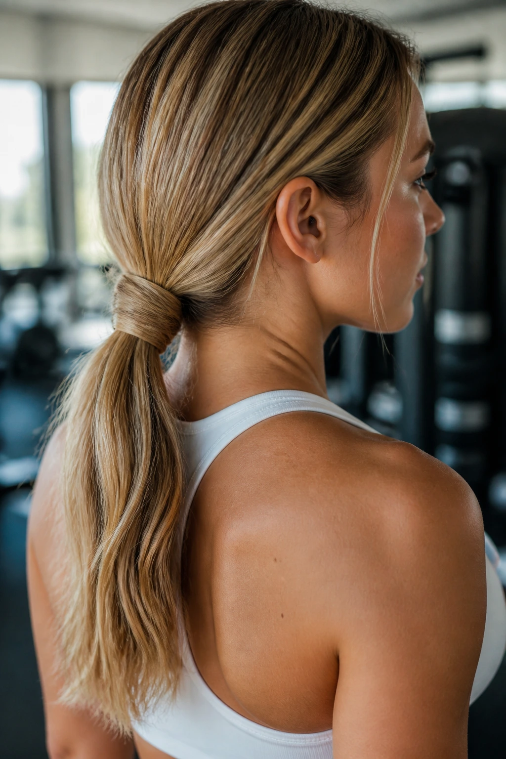 Close-up of a real woman showing a knotted low pony at the nape