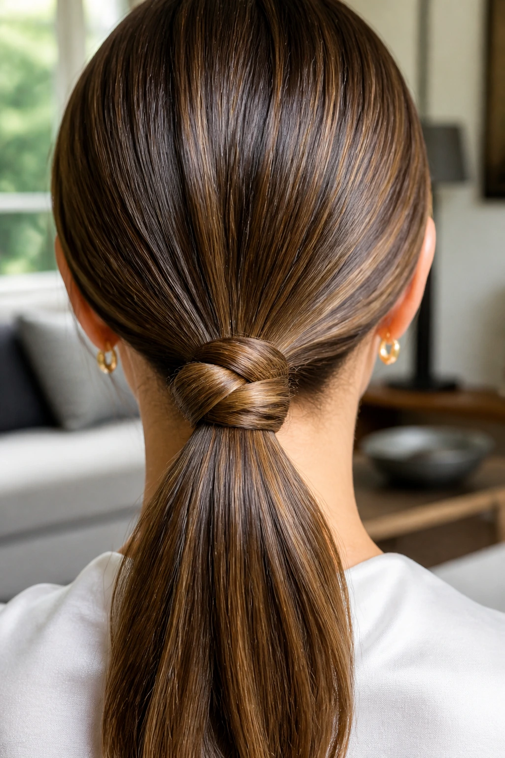 Back of head close-up of a real woman with a knotted ponytail at the base