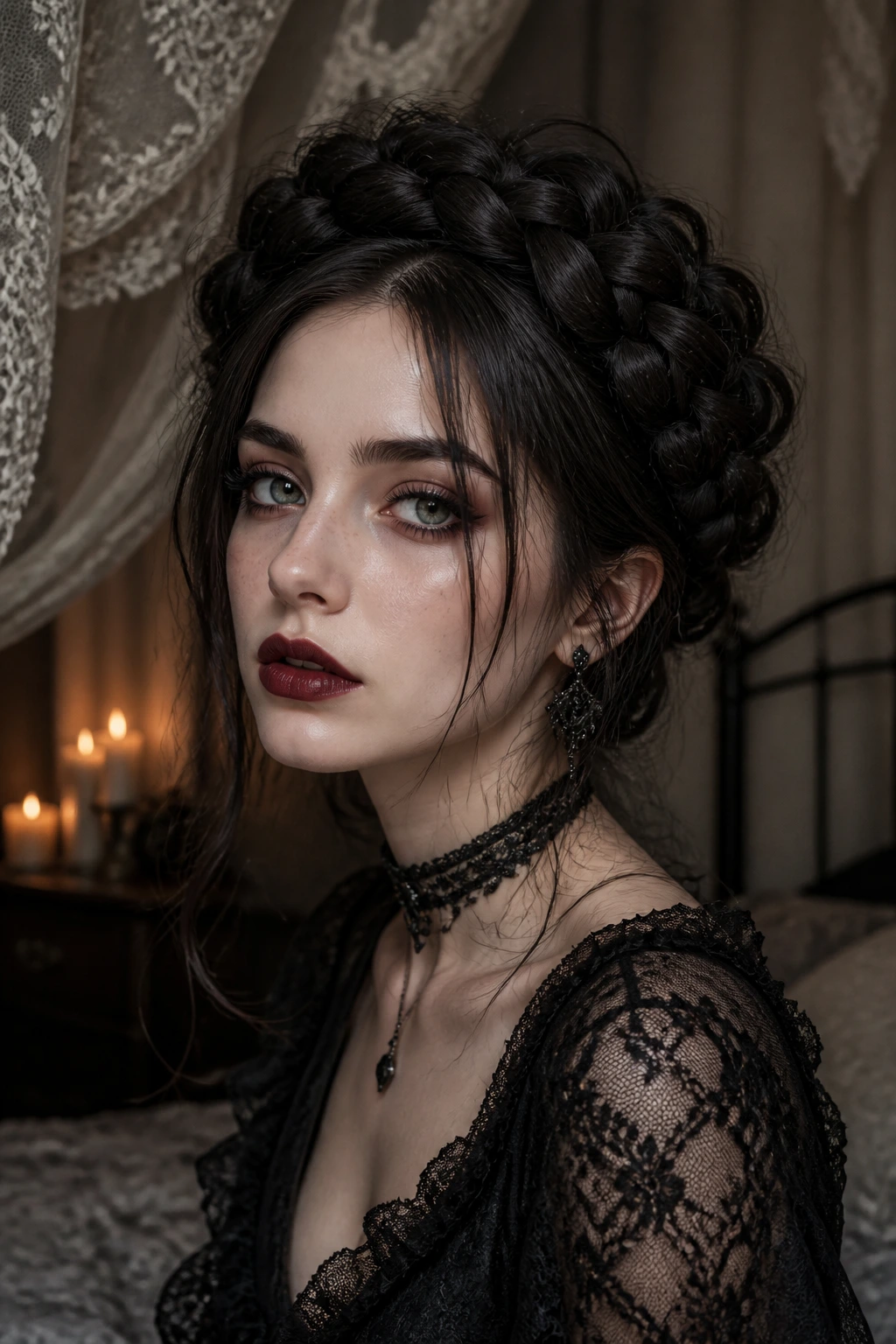 Close-up of a real woman wearing a wide lace-like braided crown in a romantic gothic bedroom