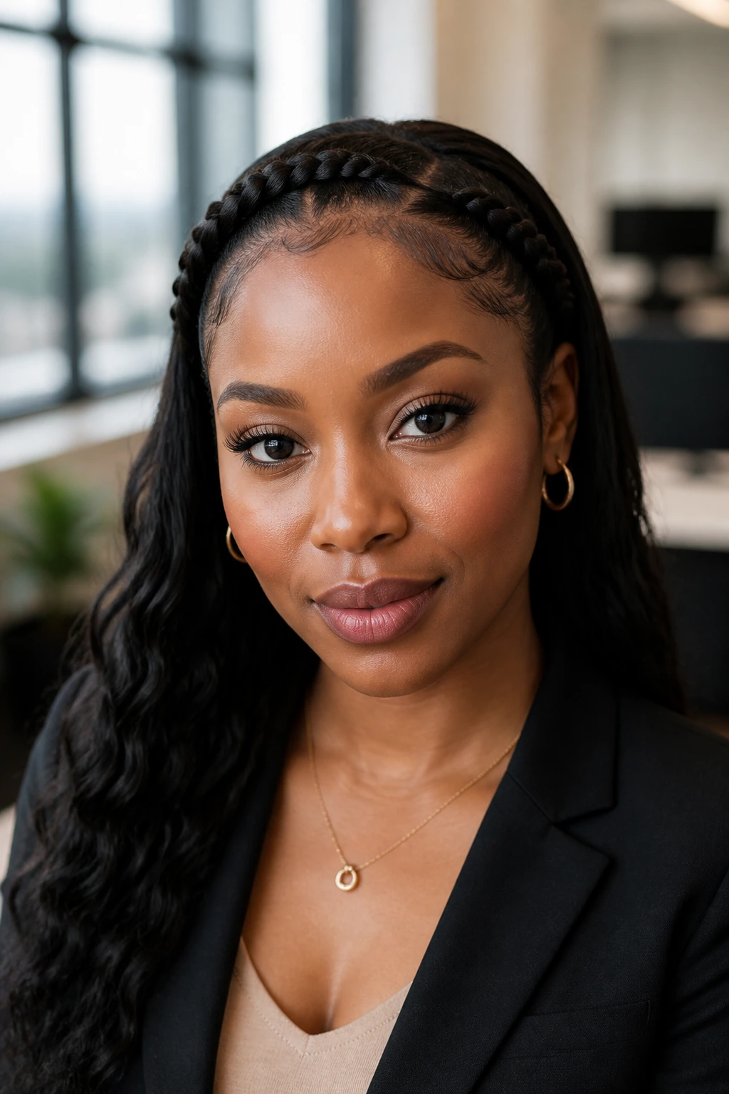 Real woman with tight lace braid headband around her face in an office setting.