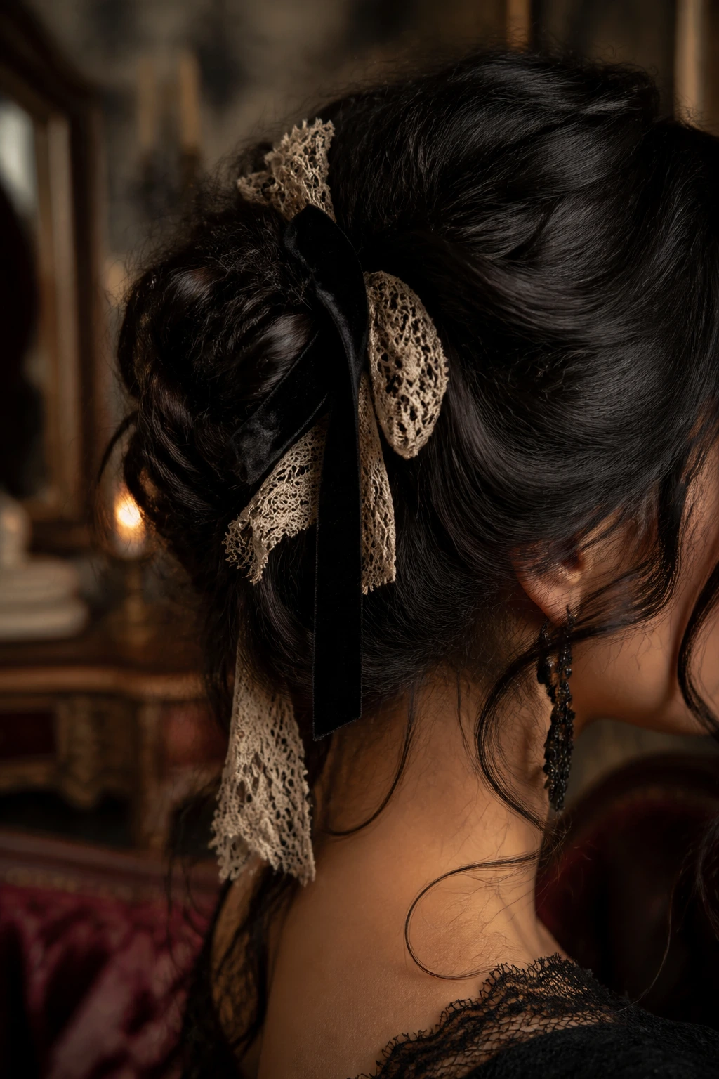 Latina hair with lace pinned bun and velvet ribbon accents