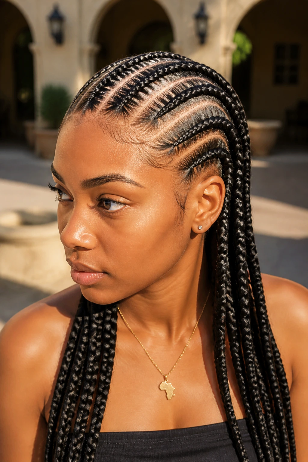 Close-up of a real person with four thick large cornrows in bold pattern outdoors