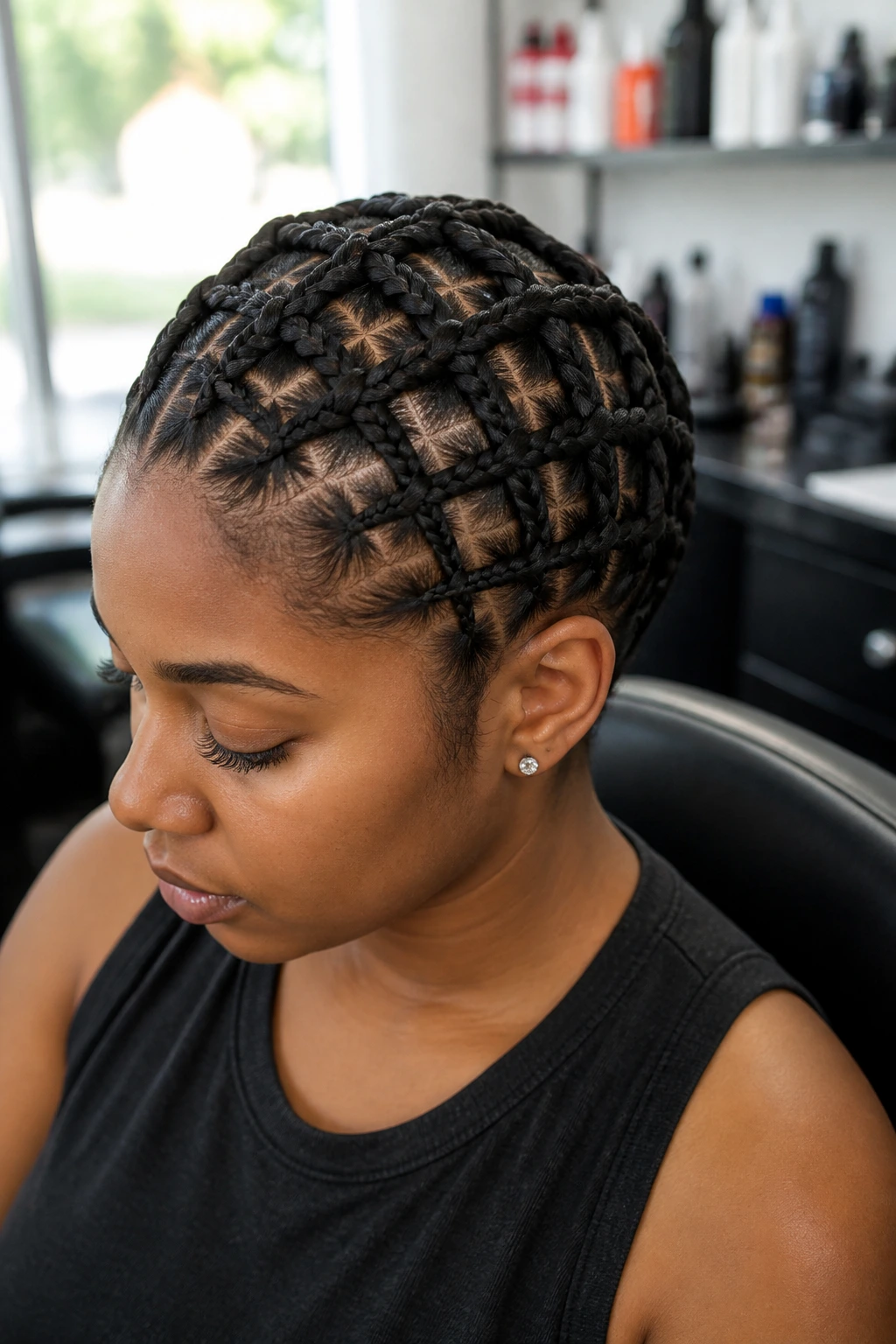Close-up of a real person with a full lattice of inverted braids across the scalp in a salon setting.
