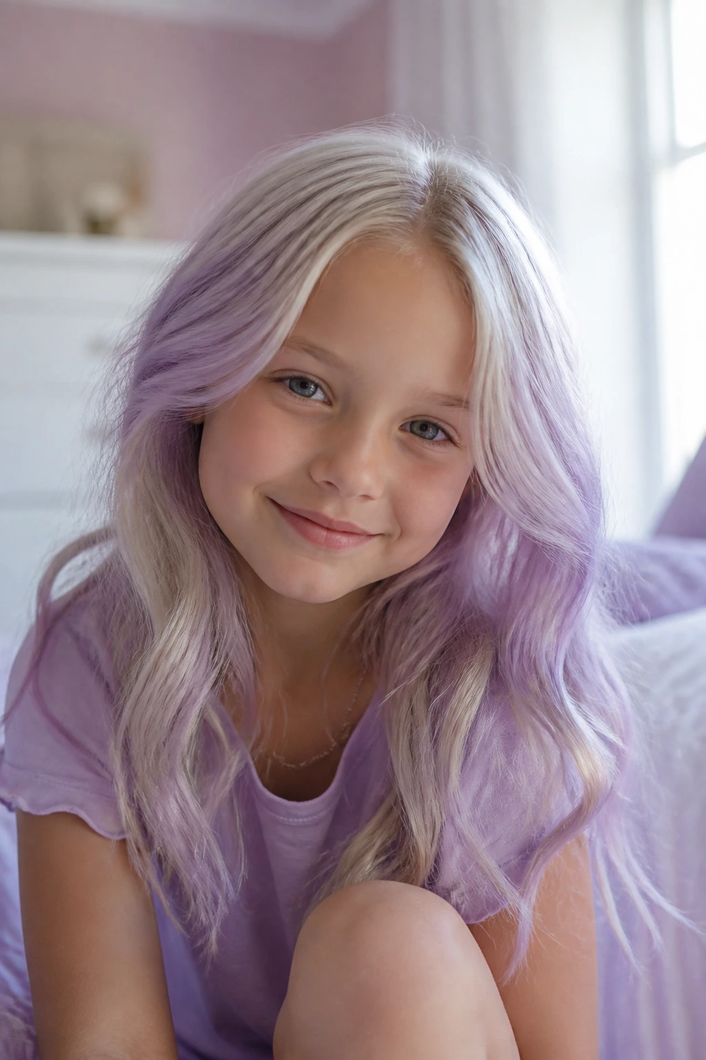 Close-up of a child with lavender tint on near-white blonde hair