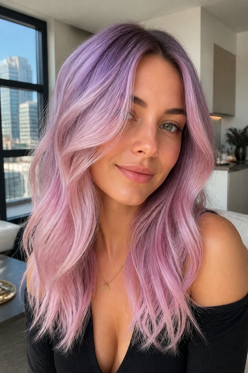 Close-up of a real person with soft lavender-pink hair blend
