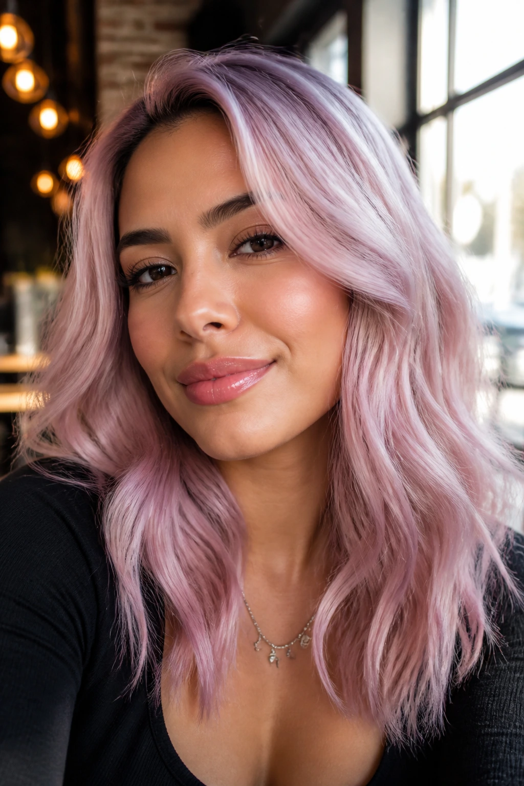 Portrait of a woman with soft lavender-pink hair