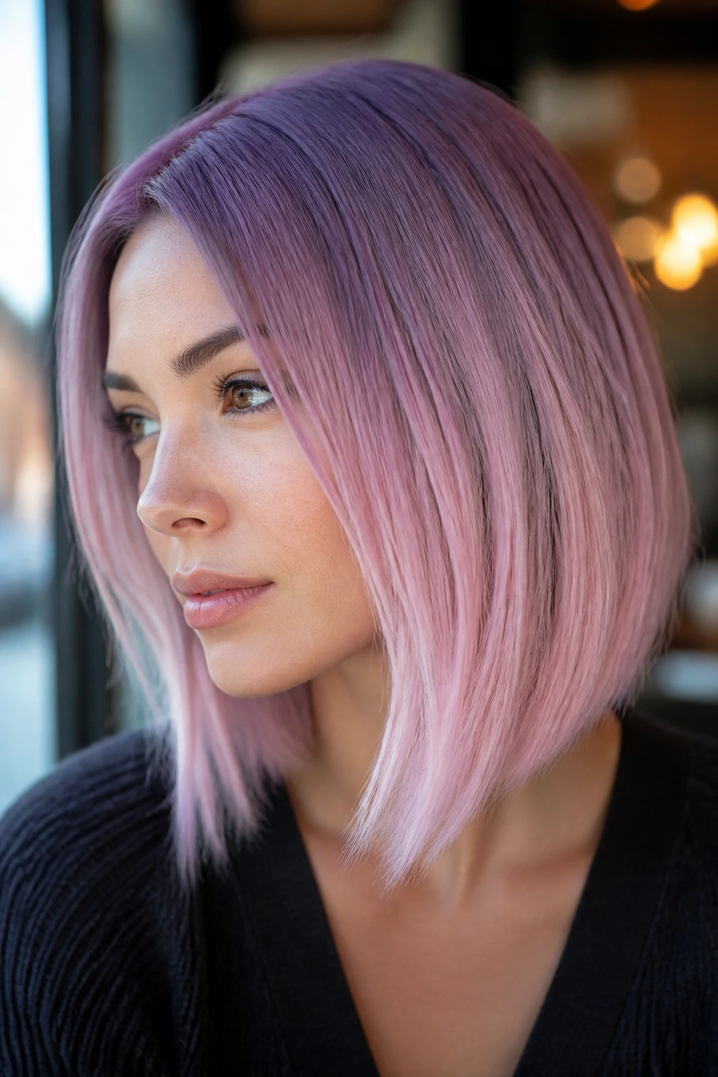 Close-up portrait of a real woman with lavender-pink ombre hair