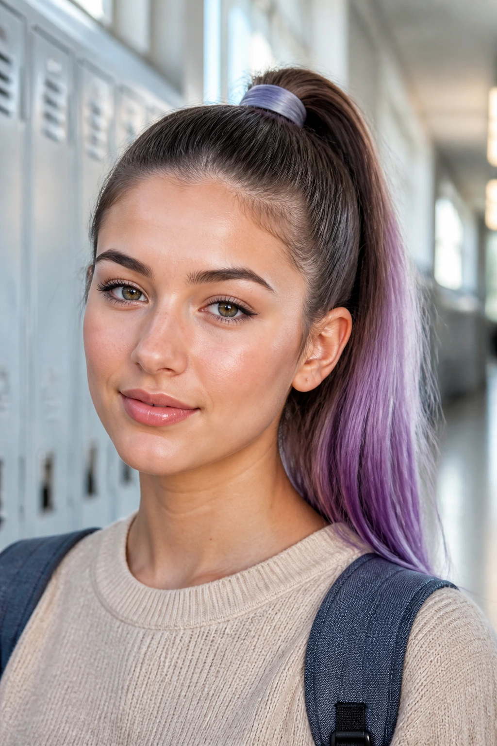 Close-up of real person with a lavender-tipped high ponytail