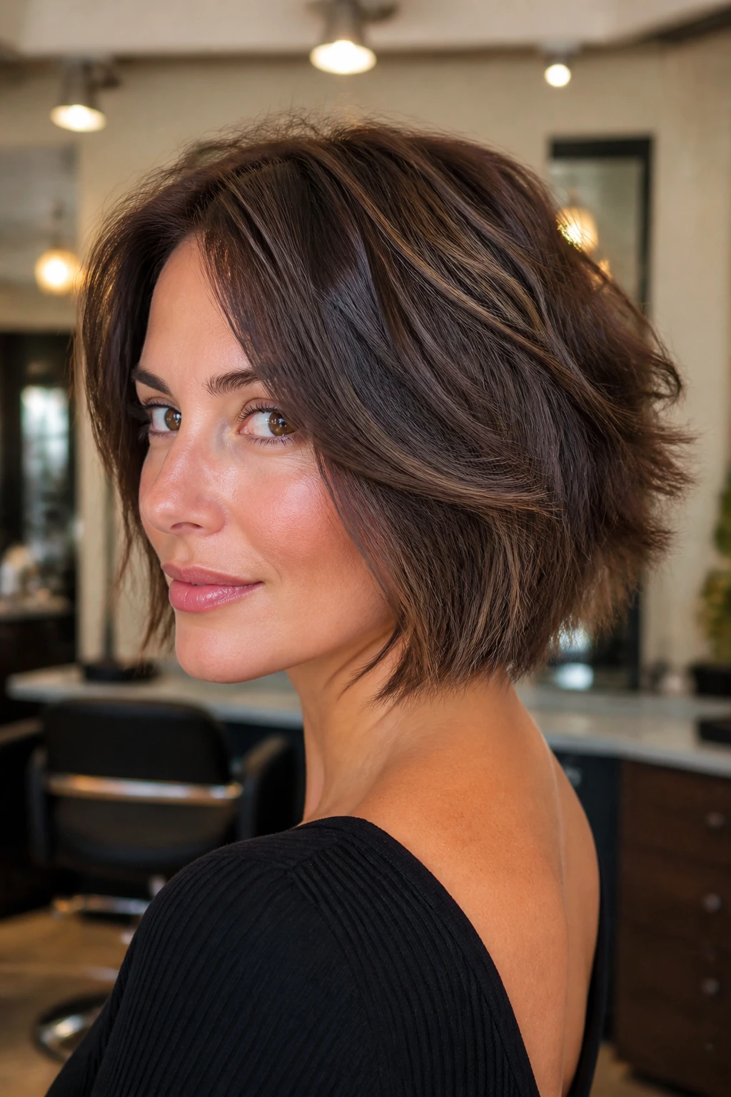 Real woman with layered-back bob in salon setting.