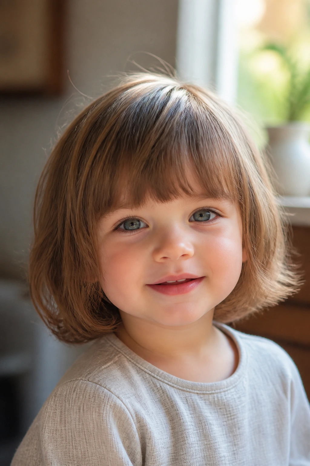 Close-up toddler with layered bob and bangs.