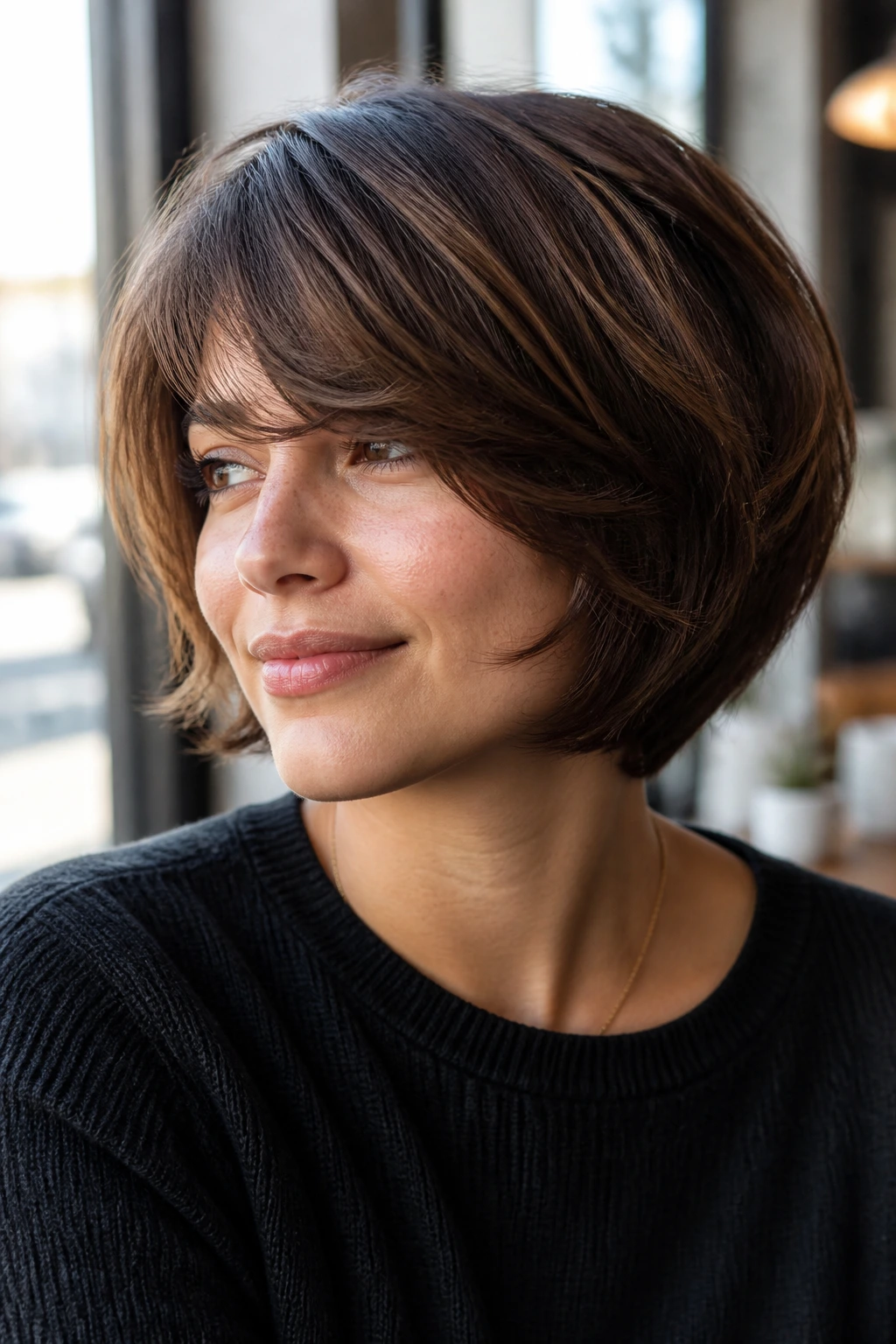 Portrait of a woman with layered bob and swoop bangs in a cafe setting.