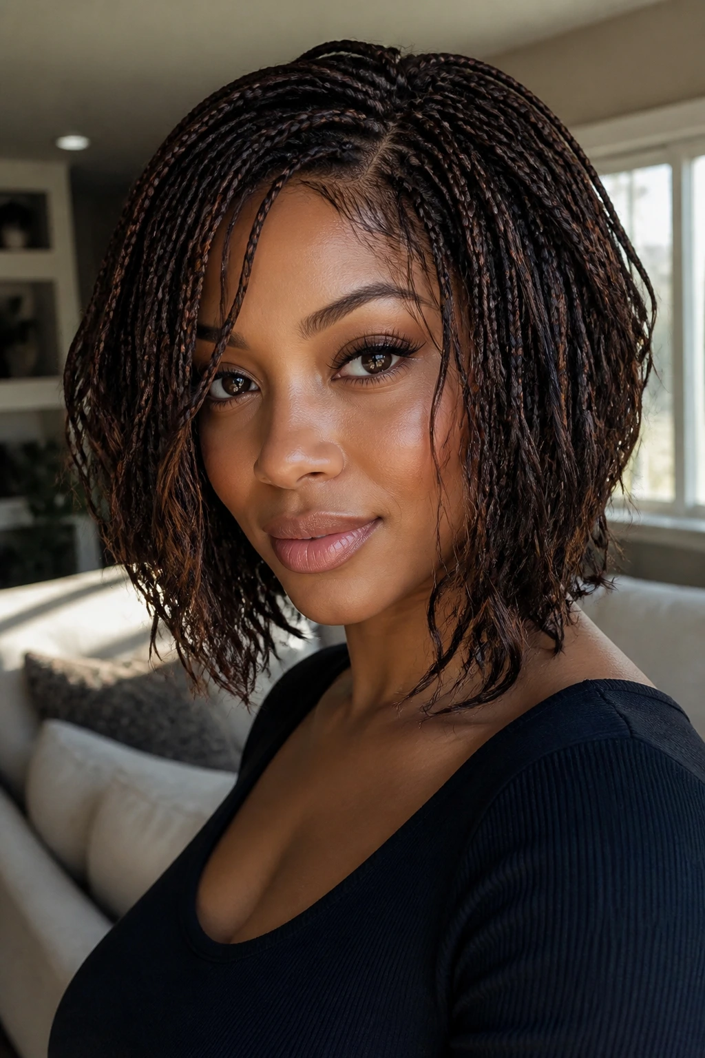 Real woman with layered braided bob and loose strands in a softly lit living room.