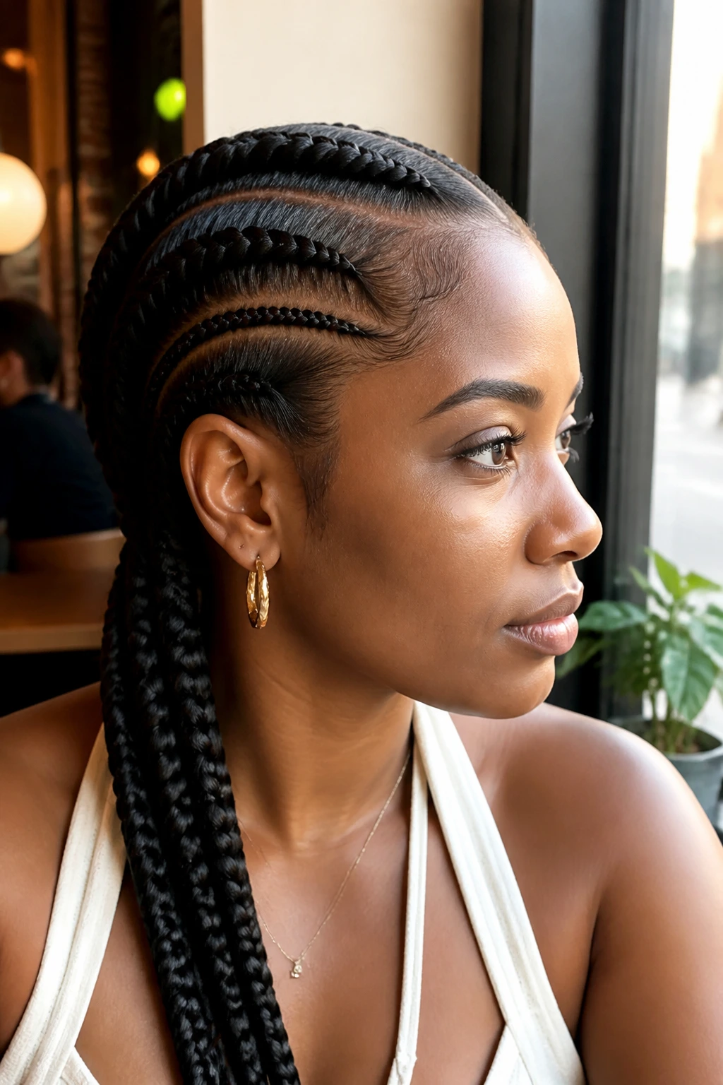 Real woman with two-layer side-swept braids near the temple.