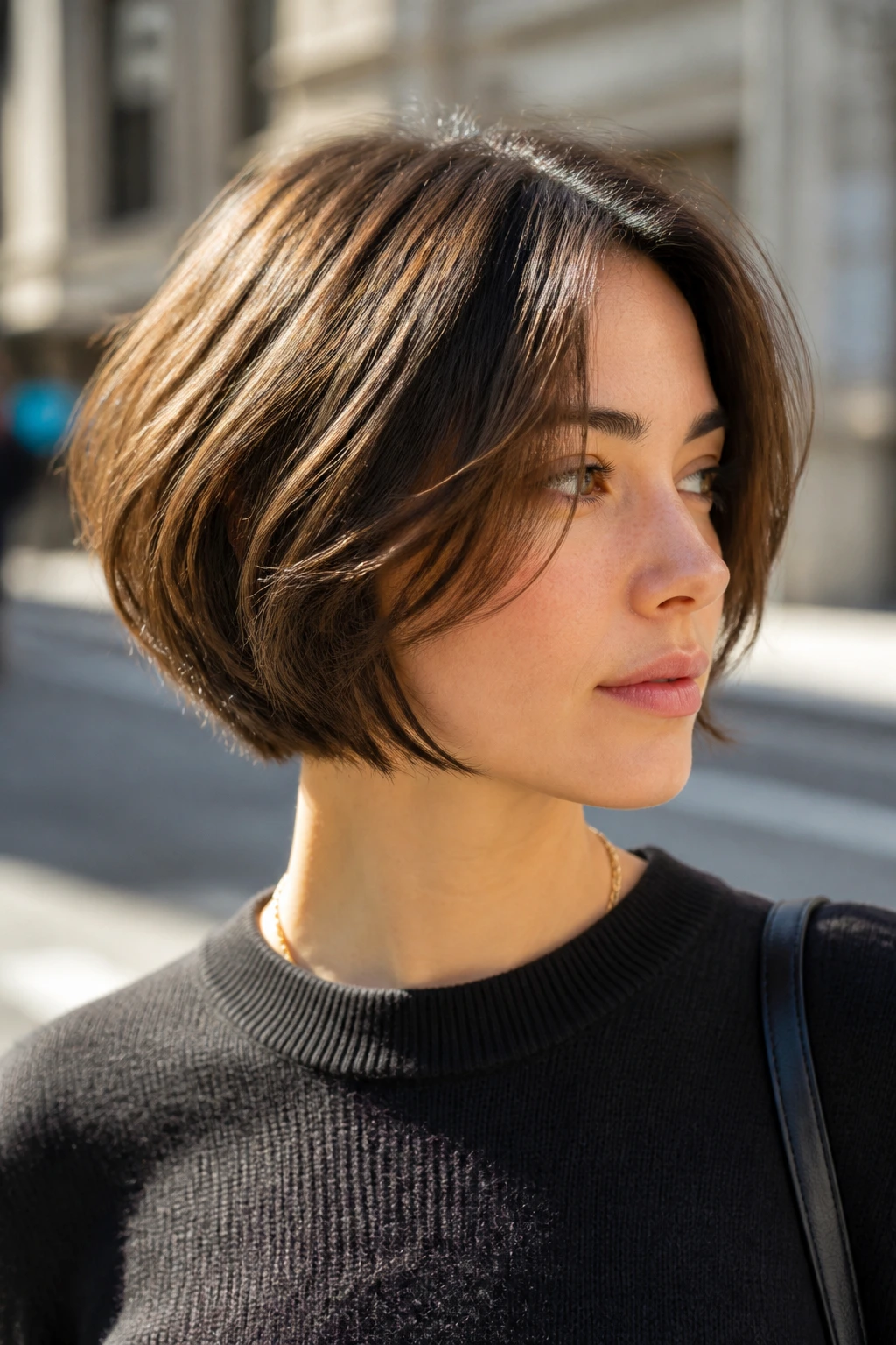 Close-up portrait of a real woman with a layered chin-length bob