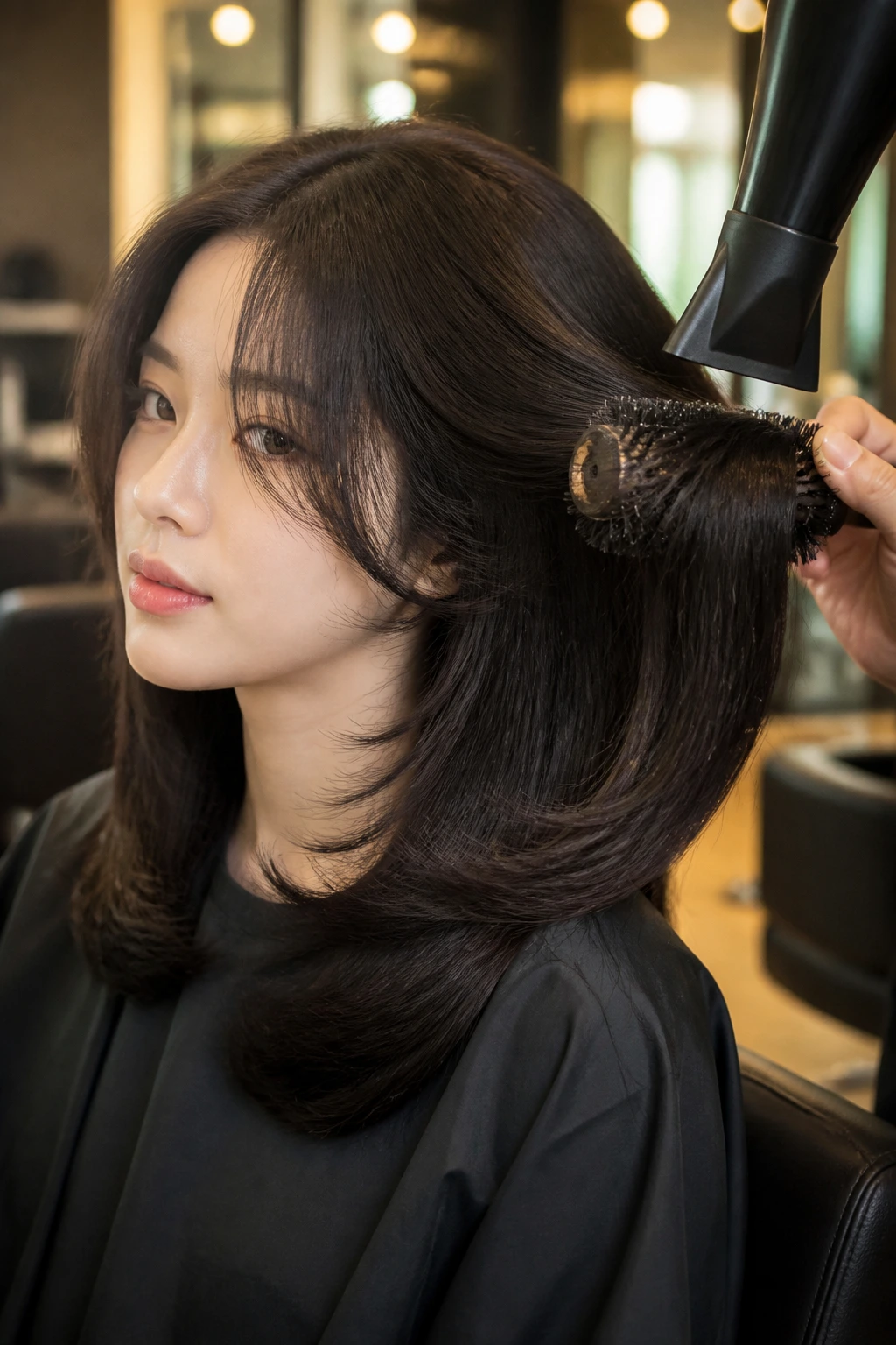 Close-up of layered hair with blown-out ends in a salon setting