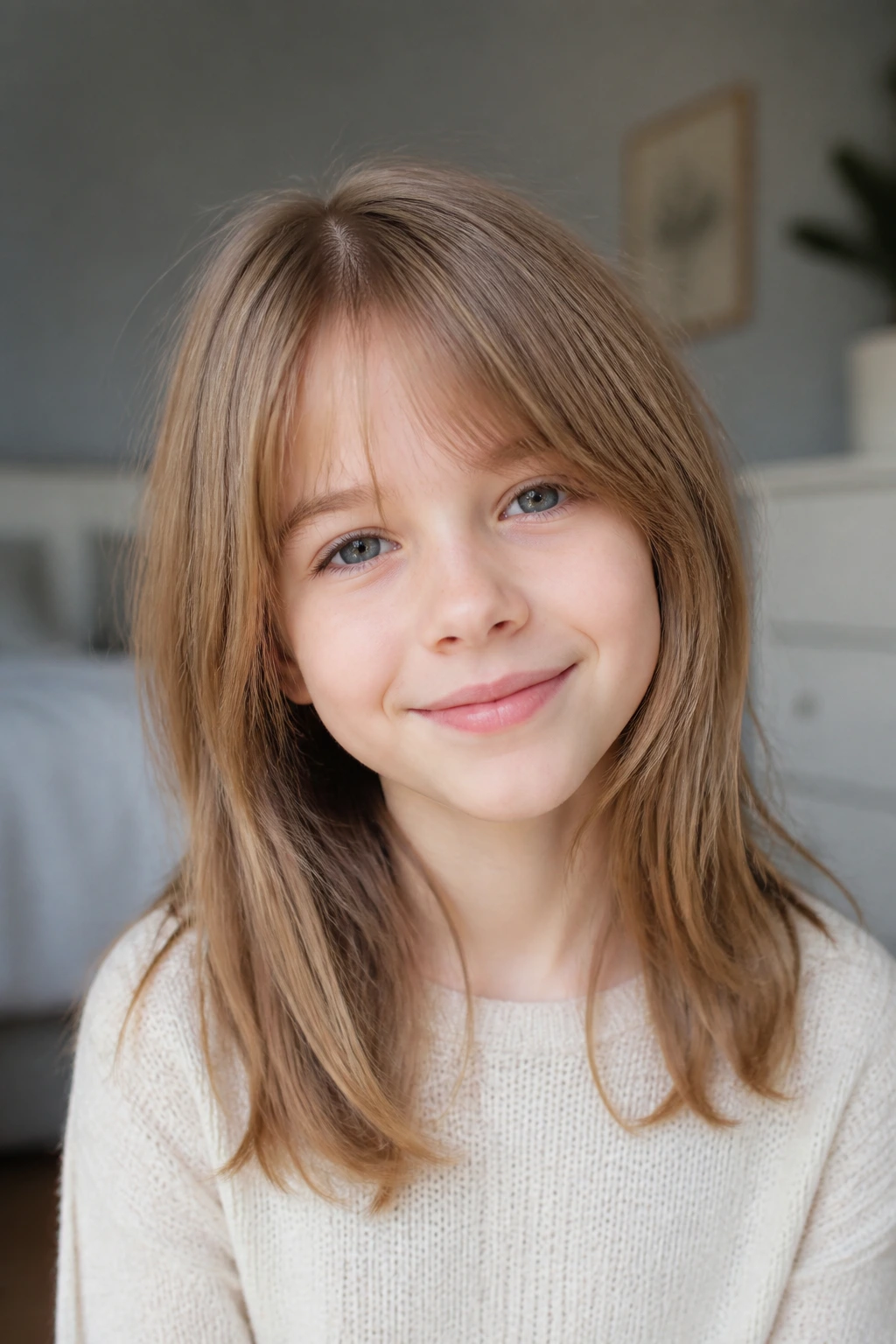 Portrait of a child with layered fringe and longer sides