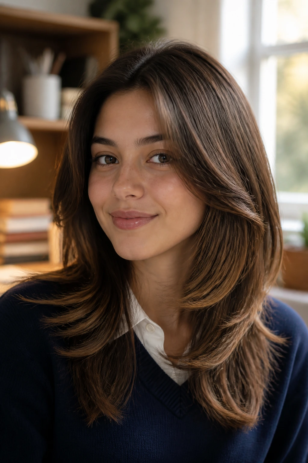 Portrait of a real person showing defined layered ends with oil